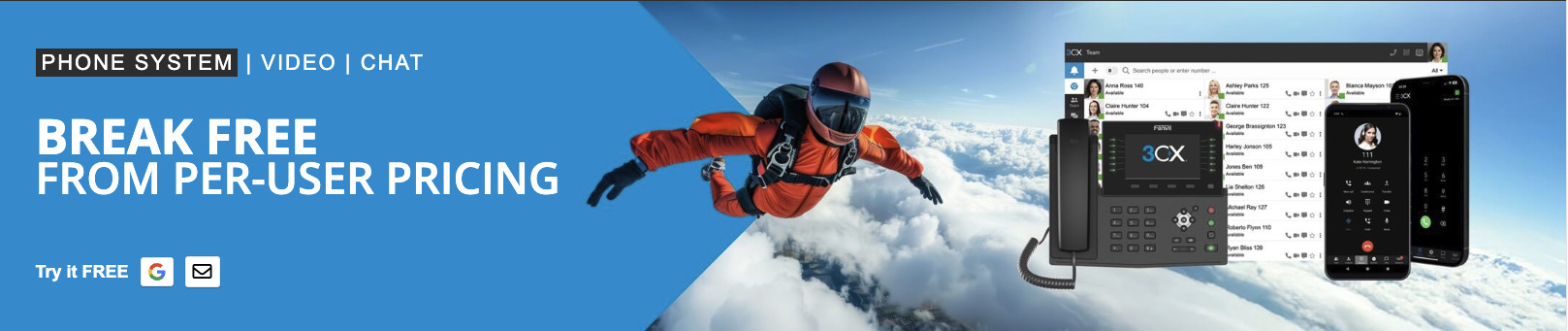 advertising banner with skydiver and voip phone systems
